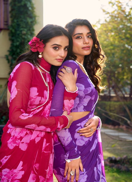 YNF7011 Chiffon With Foral Printed Pearl Lace Border Saree With Blouse Wholesale Clothing Suppliers In India